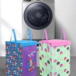 prettykrafts Set Of 2 Sea Green & Purple Printed Foldable Laundry Basket With Lid-picture-20