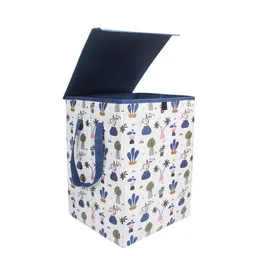 prettykrafts White & Blue Printed Foldable Laundry Basket With Lid image 2
