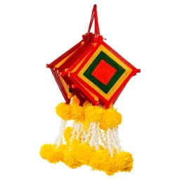 ecraftindia Red Fabric Artificial Marigold Flowers with Colorful Woolen Kite Hangings (Set of 4) image 4