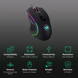 REDRAGON Predator Wired Optical Gaming Mouse with Customizable Buttons (4000 DPI, Ergonomic Design, Black) image 2