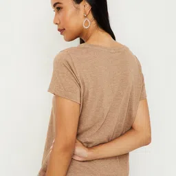 max Women Solid Round Neck Pure Cotton Brown T-Shirt image 2
