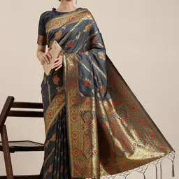 Mitera Charcoal Grey & Golden Ethnic Design Silk Blend Kanjeevaram Saree image 2