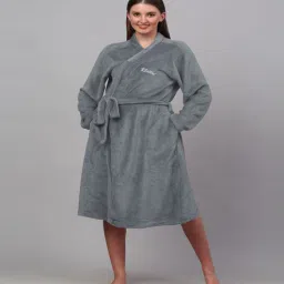 Grey Solid Woolen Women Bath Robe With Belt (M)-image-73