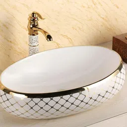 Luxury European Style Table Top Ceramic Glossy Oval Shape Wash Basin Suitable For Living Room, Toilet, Bathrooms, Dinning Area (Size - 60W*15H*40D*) Table Top Basin-image-0
