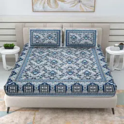 patricko Grey and Blue Traditional 144 TC Cotton Double Queen Bedsheet With 2 Pillow Covers-picture-10
