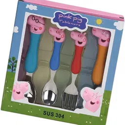 adinath exports Pack of 4 Stainless Steel, Plastic PEPPA PIG shape SPOON SET FOR KIDS STAINLESS SPOON 4-PIECES 2 FORK 2 SPOON Dinner Set-picture-26