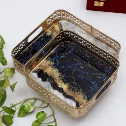 amaya decors Square Blue & White Tray Set of 2 image 1