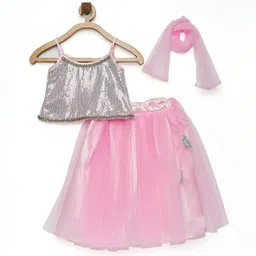 MANY FROCKS & Girls Pink & Silver-Toned Ready to Wear Lehenga Blouse With Dupatta image 1