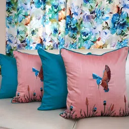 TARA- Sparkling Homes Pink & Blue Set of 4 Embroidered Square Cushion Covers image 1