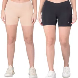 comfort lady Pack of 2 Solid Women Black, Beige Cycling Shorts-picture-15