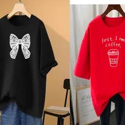 rapturous Pack of 2 Women Printed Round Neck Cotton Blend Black, Red T-Shirt-picture-26