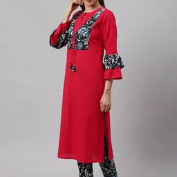 YASH GALLERY Women Red & Black Printed Yoke Design Kurta with Trousers image 4