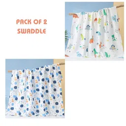 GUCHIGU Infants 2 Pcs White & Blue Printed Blankets image 4