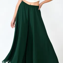 vesfrita Women Flared Dark Green Georgette Trousers image 1