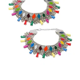 Sangria Set Of 2 Silver-Plated Stone-Studded & Beaded Anklets image 2