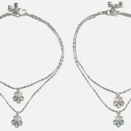 ZENEME Set Of 2 Rhodium-Plated Stone-Studded Floral Charm Anklets image 4