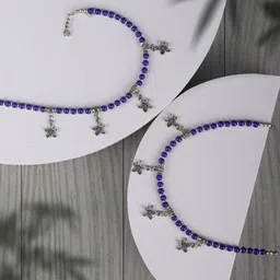 Priyaasi Set Of 2 Silver-Plated & Blue Beaded Oxidised Anklets-image-31
