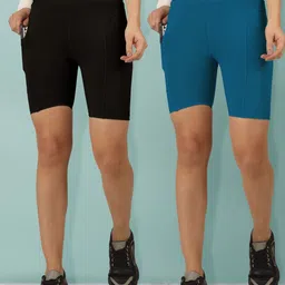 beyogini Pack of 2 Solid Women Blue, Black Gym Shorts-picture-25