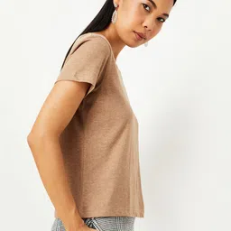 max Women Solid Round Neck Pure Cotton Brown T-Shirt image 3