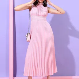 tokyo talkies Women Pleated Pink Midi/Calf Length Dress-picture-40