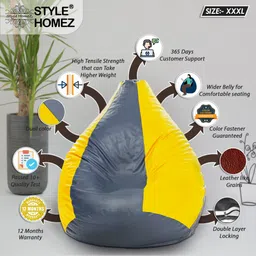 style homez XXXL Premium Leatherette Classic Grey Yellow Color Teardrop Bean Bag With Bean Filling image 3