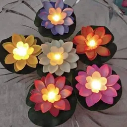 IMPORT QUALITY Water Floating Lotus Flowers Sensor Led DIYA (Pack of 3) Plastic (Pack of 3) Table Diya Set-image-29