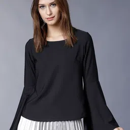 tokyo talkies Casual Bell Sleeves Solid Women Black Top-picture-40