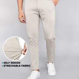 indiclub Men Relaxed Cream Lycra Blend Trousers-picture-25