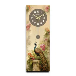 olive tree Multicolour Rectangle 24 Inches Wooden Wall Clock (Peacock) image 5