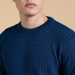 nikline Men Self Design Round Neck Blue Sweater image 4