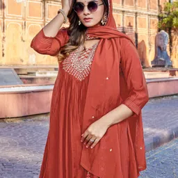 kodila Women Embroidered, Embellished, Self Design Chanderi Anarkali Kurta With Attached Dupatta image 5