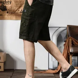madhavista Solid Men Dark Green Cargo Shorts image 3