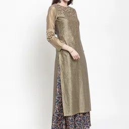 KALINI Floral Embroidered Round Neck Straight Kurta With Inner image 3