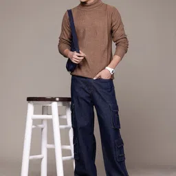 roadster Men Self Design Turtle Neck Brown Sweater image 4