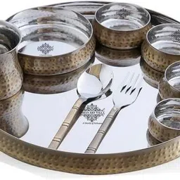 indianartvilla Pack of 9 Brass Golden Brass Curve thali set 9 piece - Hammered Antique Finish Dinner Set image 1