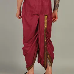 Sawariya Clothing Mens Maroon Colour Panjakejam Readymade Golden Zari Border Dhoti Free size Silk Embroidered, Striped, Solid Men Dhoti-picture-24