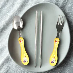 hian Kids Spoons Set with Case - Fork, Spoon & 2 Chopsticks For Kids, Yellow Color, Stainless Steel Cutlery Set image 3