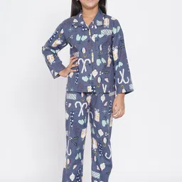 berrytree Girls Blue & White Christmas Warm Flannel Winter Night Suit-picture-14