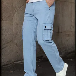 denim look Men Relaxed Fit Mid Rise Light Blue Jeans image 4