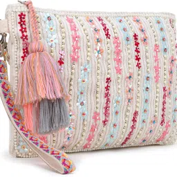 anekaant Multicolor Women Sling Bag - Mini Glid Natural & Pink Striped Sequined Cotton Handloom & Leatherette Sling Bag image 5