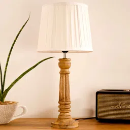 green girgit Wooden Pillar Brown lamp with pleeted White Soft Shade image 2