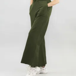 imperative Women Flared Dark Green Pure Cotton Trousers-picture-10