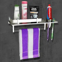 gloxy Stainless Steel 3 in 1 Bathroom Shelf Rack/Towel Hanger/Tumbler Holder Silver Towel Holder-picture-24