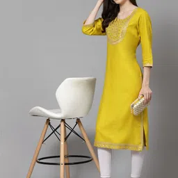 his&her Women Embroidered Viscose Rayon Straight Kurta image 1
