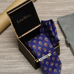 LOUIS STITCH Men Printed Italian Silk Necktie With Pocket Square & Lapel Pin-image-90