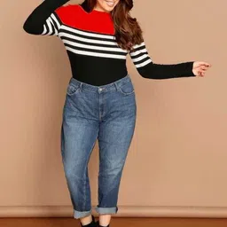 juneberry Women Striped Round Neck Pure Cotton Red, Black T-Shirt image 5