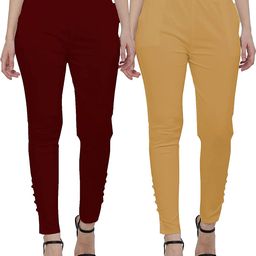 sajata Pack of 2 Women Slim Fit Maroon, Beige Cotton Blend Trousers-picture-1