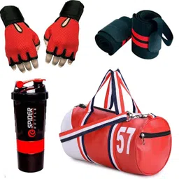 groupers PU Leather Gym Duffle bag ll Sipper Bottle ll Gloves ll Wrist Band - RD WHT Fitness Accessory Kit Kit-picture-28
