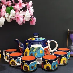 llaxmi creation Pack of 7 Ceramic HUT ART HAND PRINTED DESIGN CERAMIC 1 KETTLE AND 6 CUP SET image 2