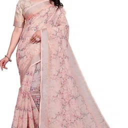 houseofcommon Floral Print Bollywood Cotton Linen Saree-picture-11